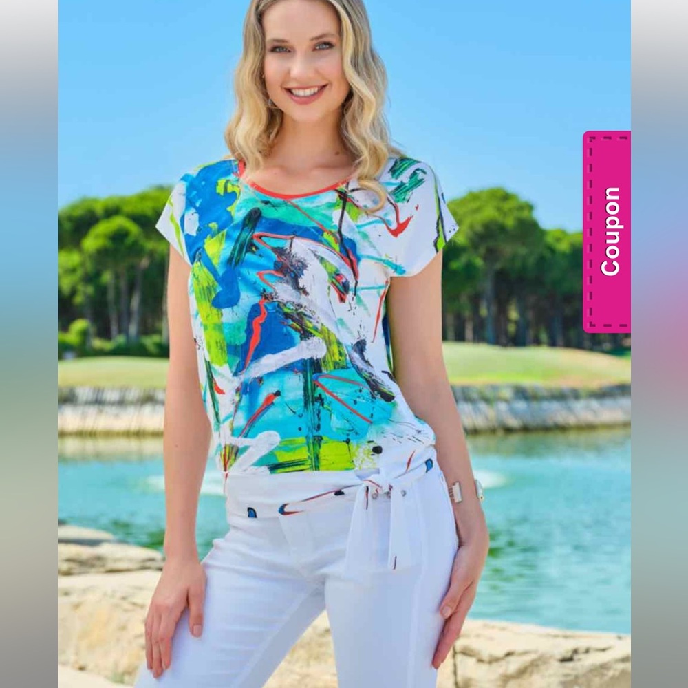 Women’s Abstract Print Short Sleeve Top in Teal & White